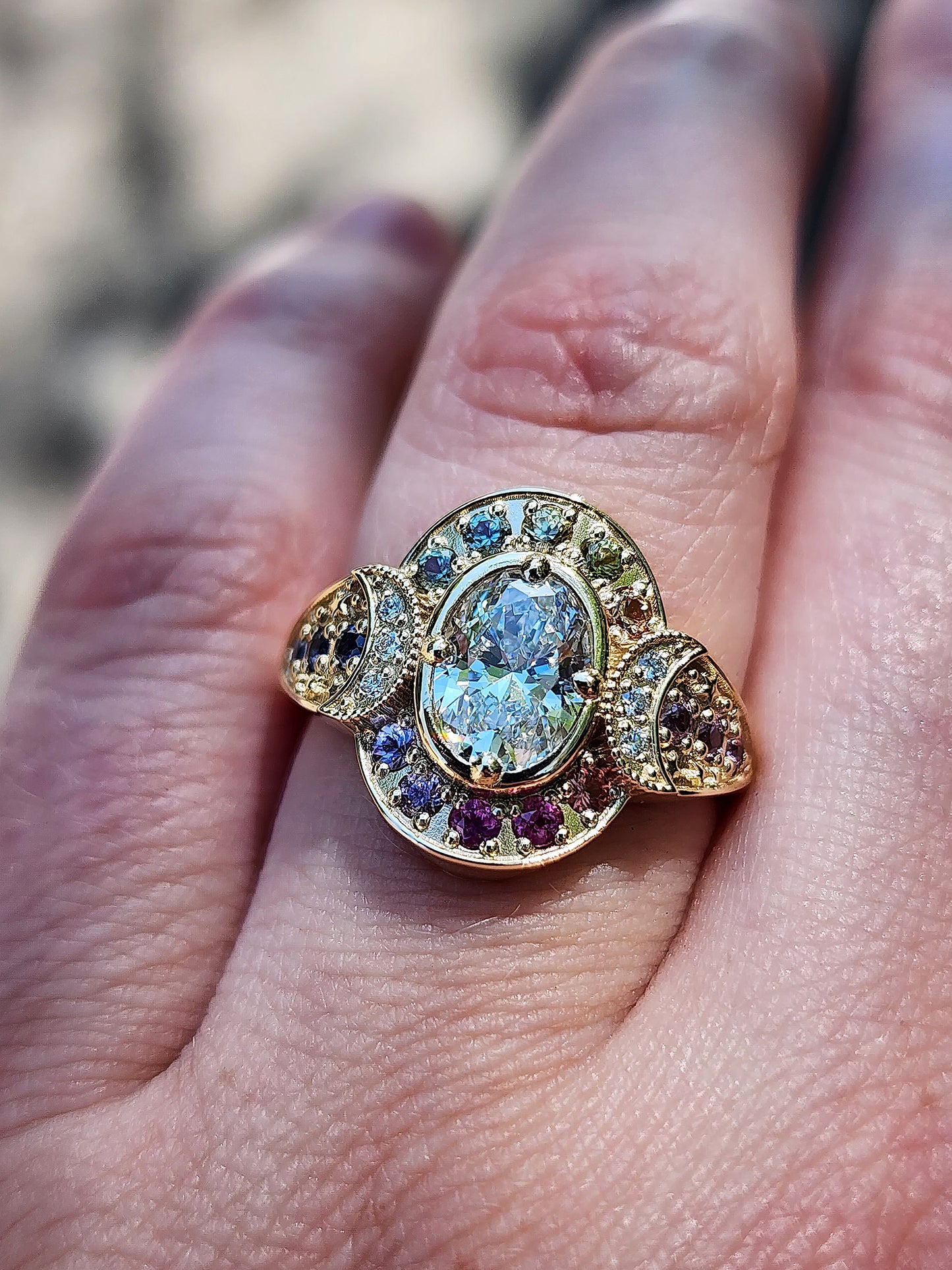 Spectrum Moon Ring with Lab Diamond Oval Natural Rainbow Sappire Halo and Gold Stardust - Modern Bohemian Eclectic Celestial Engagemet Ring - Pick your Lab Diamond or Moissanite Center Stone