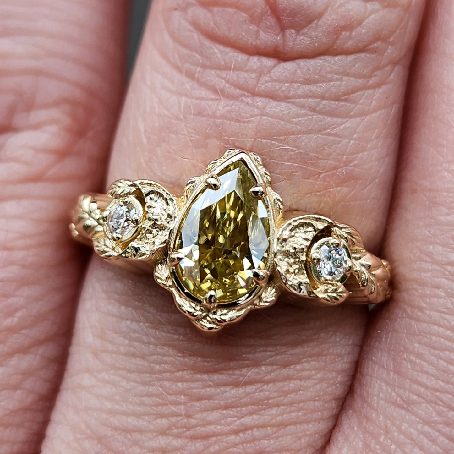 Leaf & Crescent Moon Ring with Yellow Moissanite Tear Drop and White Diamonds - Nature Inspired Engagement Ring
