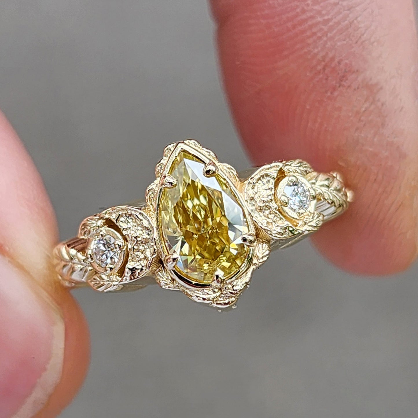 Leaf & Crescent Moon Ring with Yellow Moissanite Tear Drop and White Diamonds - Nature Inspired Engagement Ring