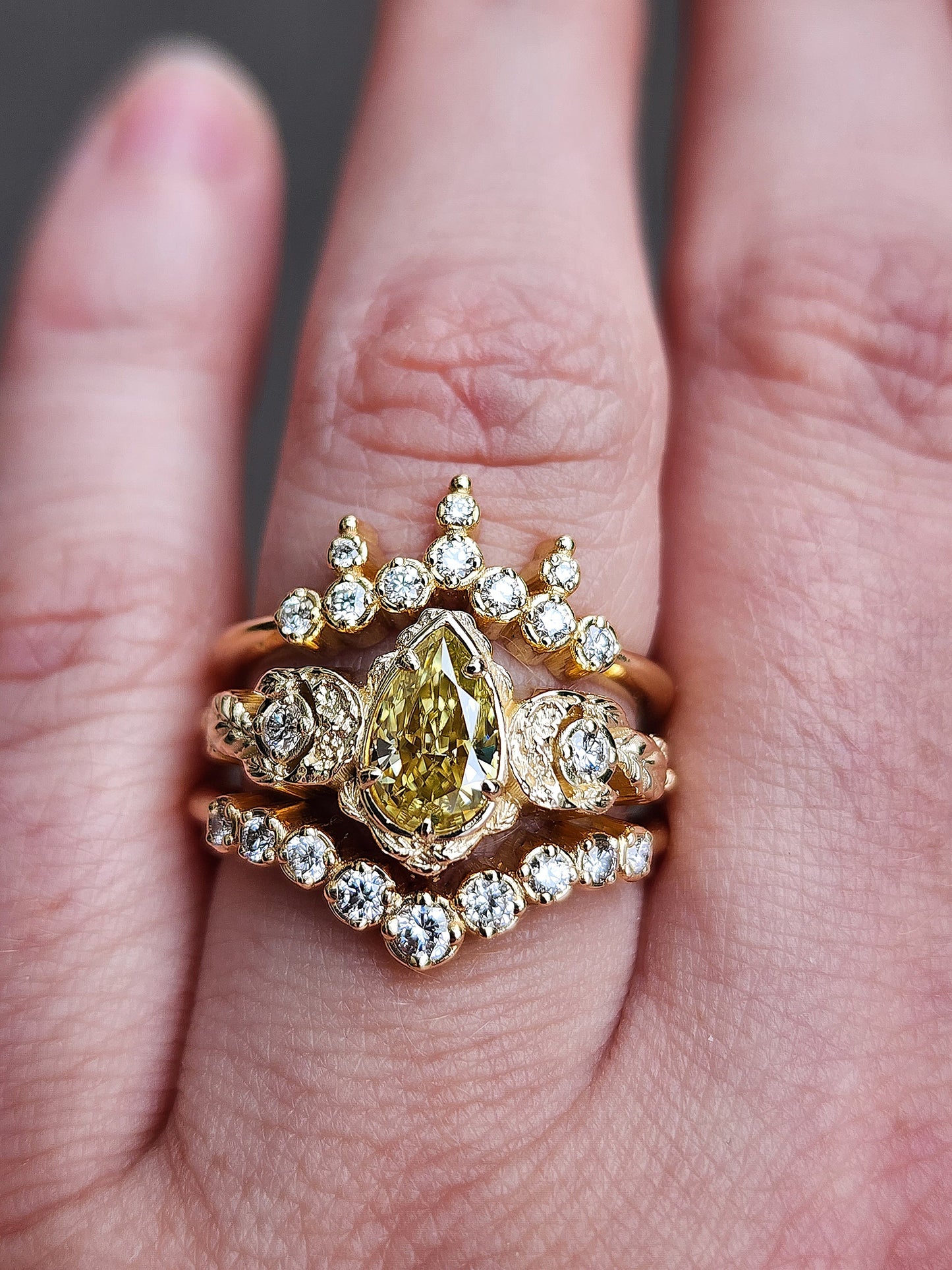 Ready to Ship Size 6 - 8 - Leaf and Moon Engagement Ring Set with Graduated Diamond Chevron and Diamond Crown Wedding Bands - Yellow Moissanite Pear - 14k Yellow Gold