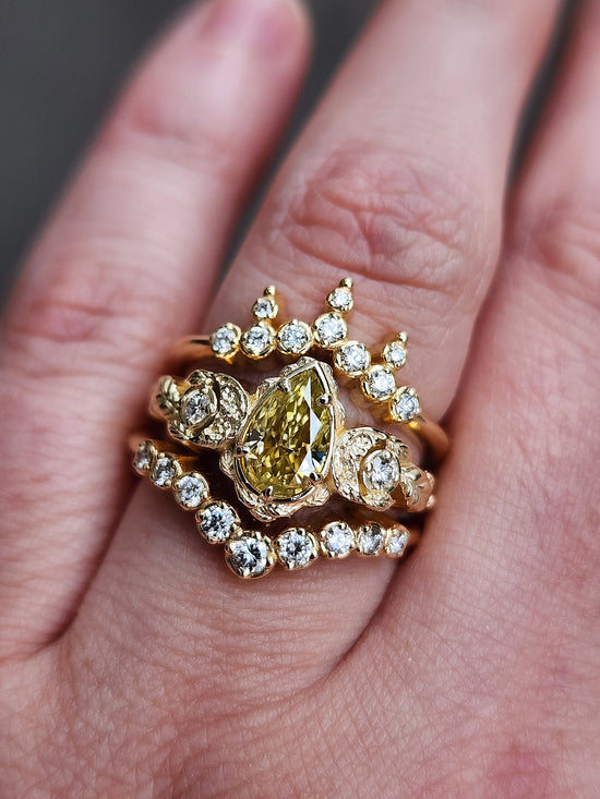 Load image into Gallery viewer, Ready to Ship Size 6 - 8 - Leaf and Moon Engagement Ring Set with Graduated Diamond Chevron and Diamond Crown Wedding Bands - Yellow Moissanite Pear - 14k Yellow Gold
