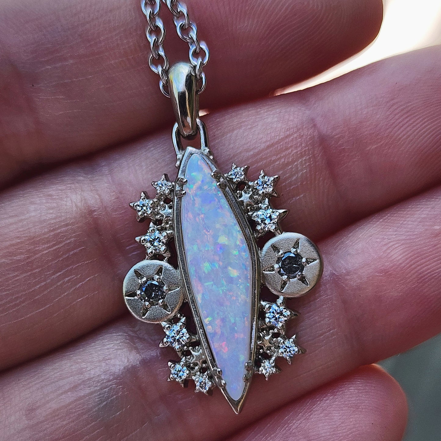 Natural Australian Opal Sundisk Pendant with Diamond Stardust, 14k Palladium White Gold Celestial Fairy Necklace Galaxy Diamonds