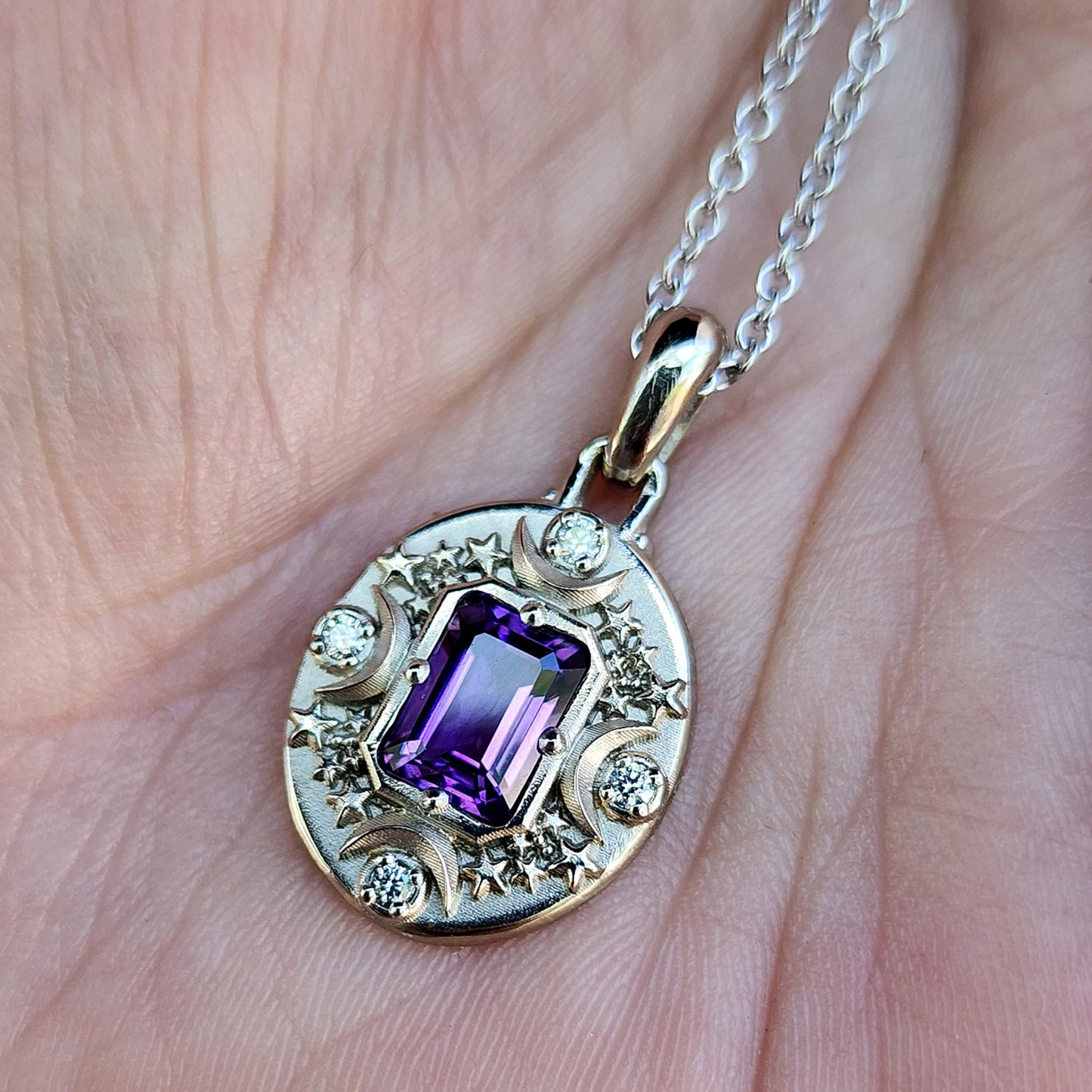 Amethyst Crescent Moon & Stardust Medallion Pendant, 14k Gold Emerald Cut Purple Amethyst Diamonds Artemis Necklace by SwankMetalsmithing