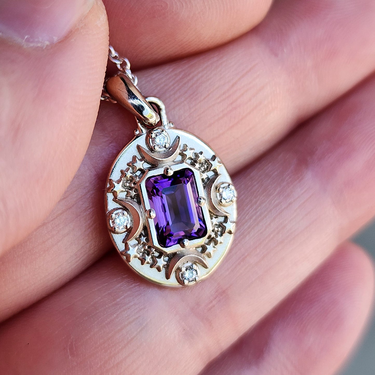 Amethyst Crescent Moon & Stardust Medallion Pendant, 14k Gold Emerald Cut Purple Amethyst Diamonds Artemis Necklace by SwankMetalsmithing