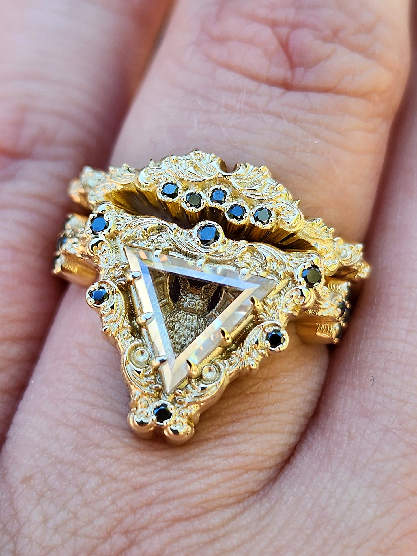 Victorian Gothic Bat Engagement Ring Shadow Box with Triangle Portrait Cut Moissanite Wedding Ring Set Baroque Scrolls with Black or White Diamonds 14k Gold Ethereal Unique Fine Jewelry