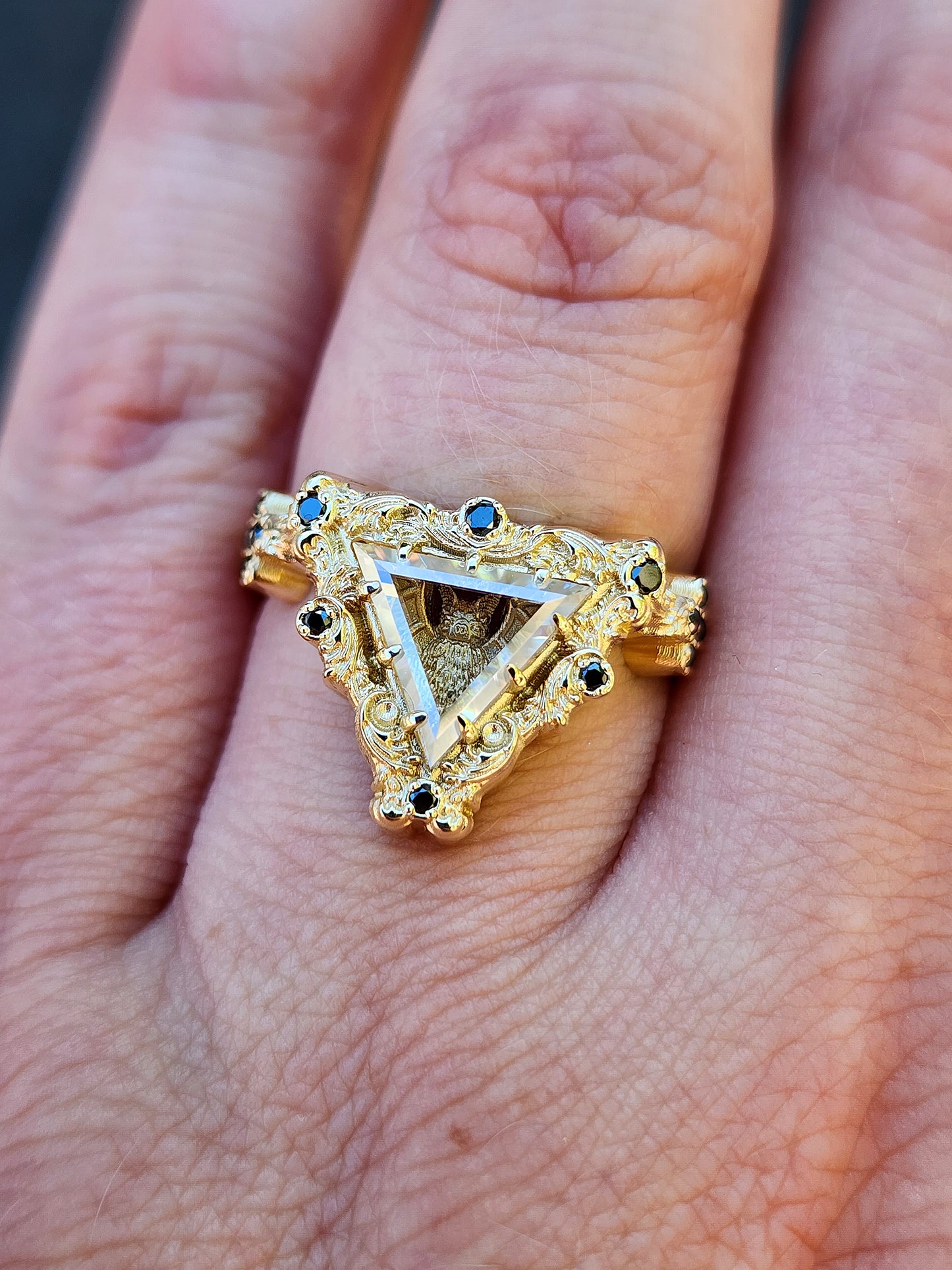 Victorian Gothic Bat Engagement Ring Shadow Box with Triangle Portrait Cut Moissanite Wedding Ring Set Baroque Scrolls with Black or White Diamonds 14k Gold Ethereal Unique Fine Jewelry