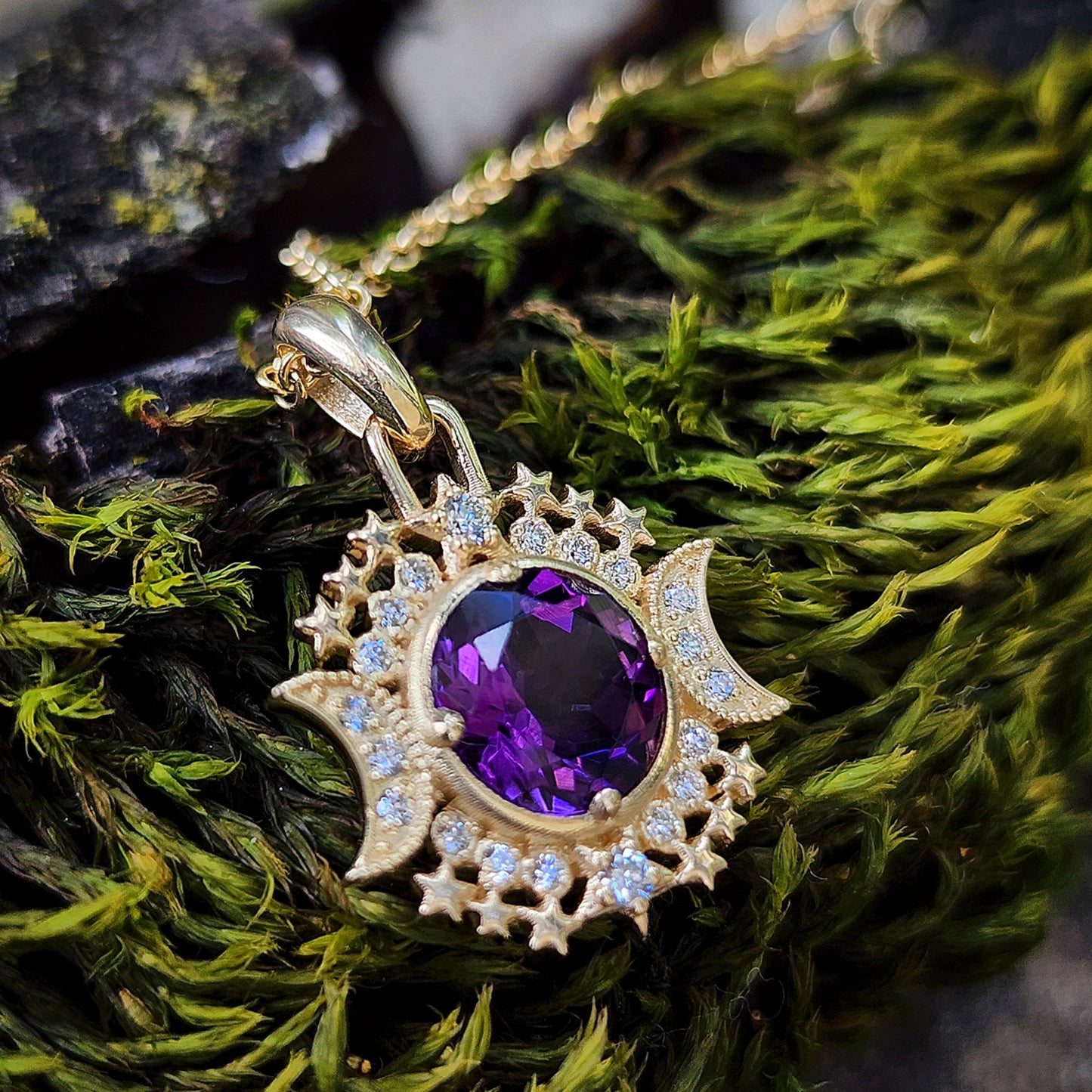 Round Amethyst Pendant with Moon & Stars Diamond Halo, Celestial Delicate Fine Jewelry 14k Gold Ethereal Handmade Necklace