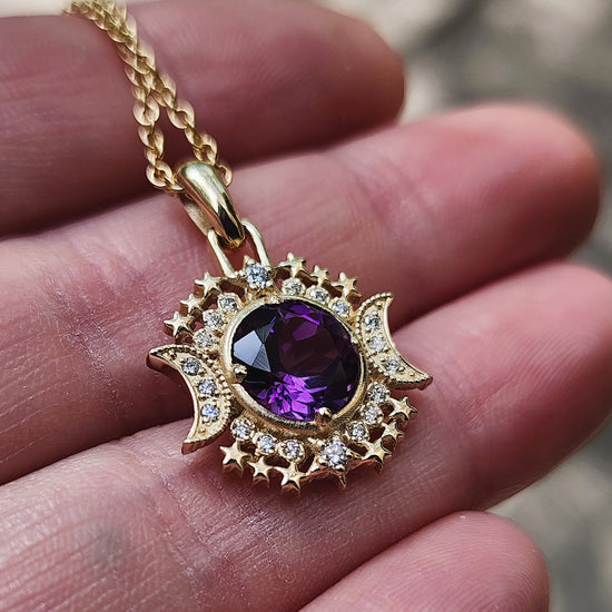 Round Amethyst and diamond pendant crescent moon and stars