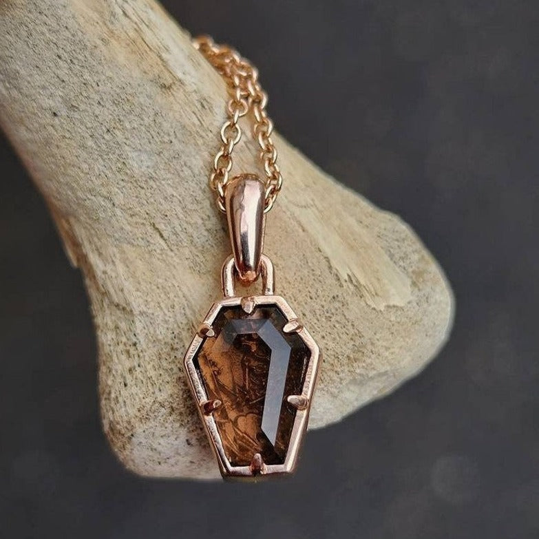 Load image into Gallery viewer, coffin smoky quartz skeleton pendant charm 14k rose gold mourning jewelry
