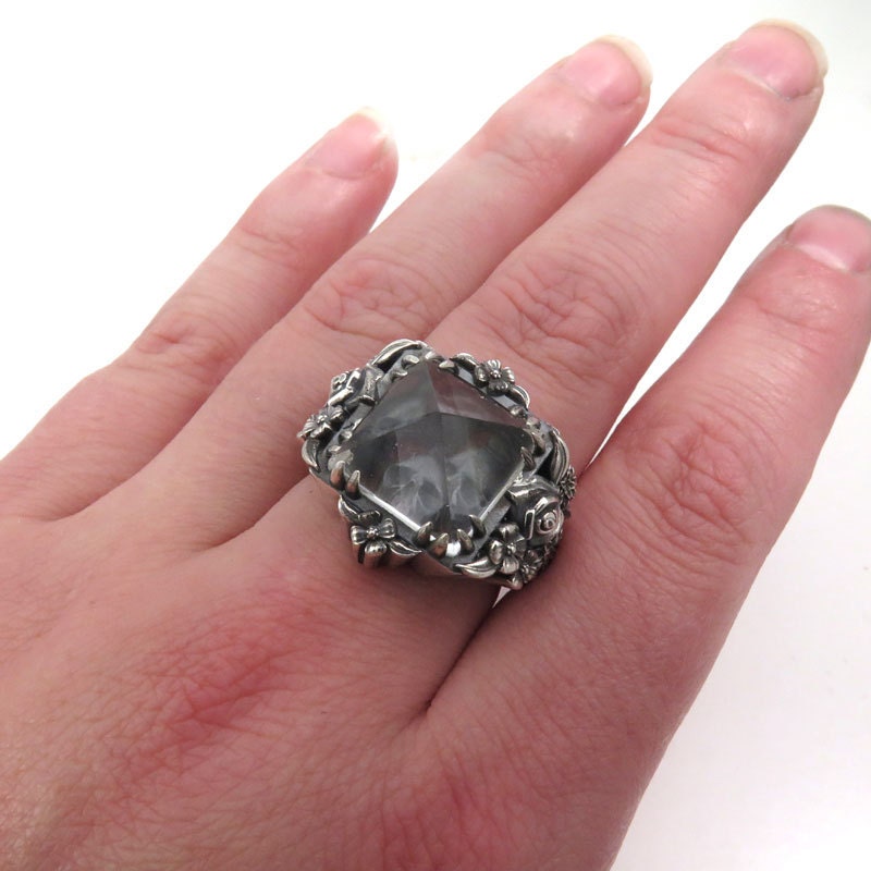 Skull and Posy Gothic Silver Cocktail Ring with Quartz Pyramid - Spooky Jewelry - Ready to Ship Size 8.5 - 10.5