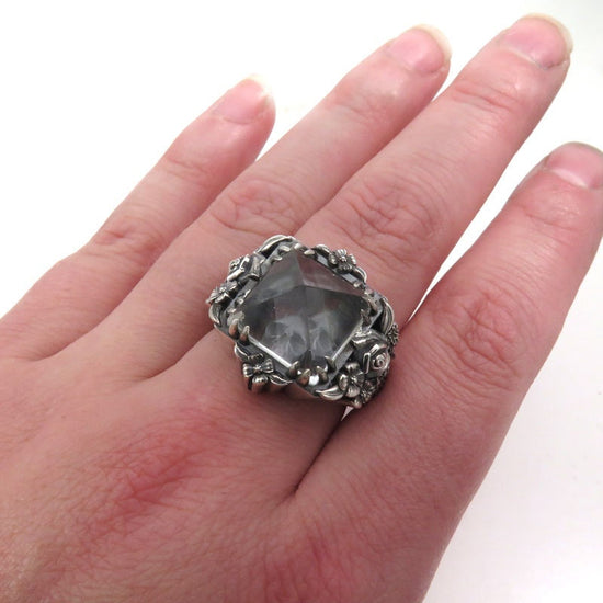 Skull and Posy Gothic Silver Cocktail Ring with Quartz Pyramid - Spooky Jewelry - Ready to Ship Size 8.5 - 10.5