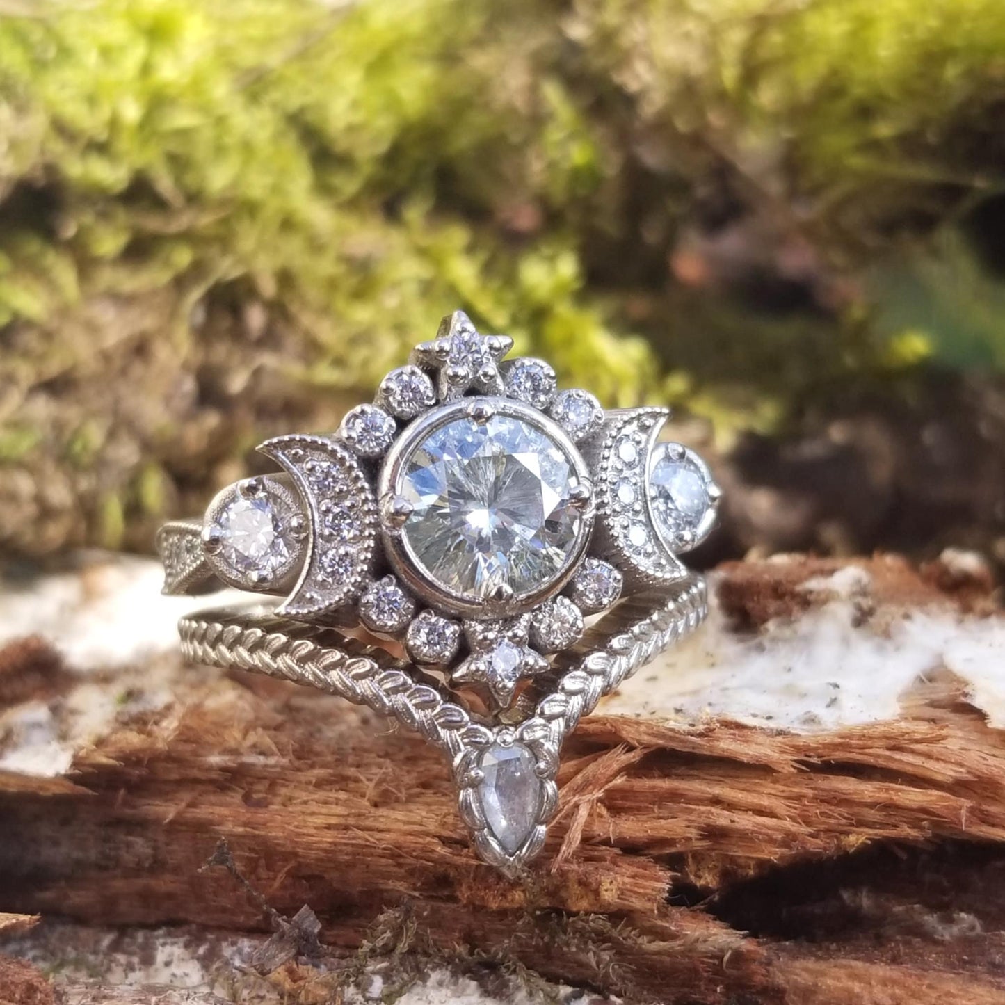 Selene Goddess Engagement Ring *Setting Only* for Build you own Ring, ALL Diamond Sides Crescent Moon Engagement Ring with Pave Diamond Star Halo, Unique Custom Engagement