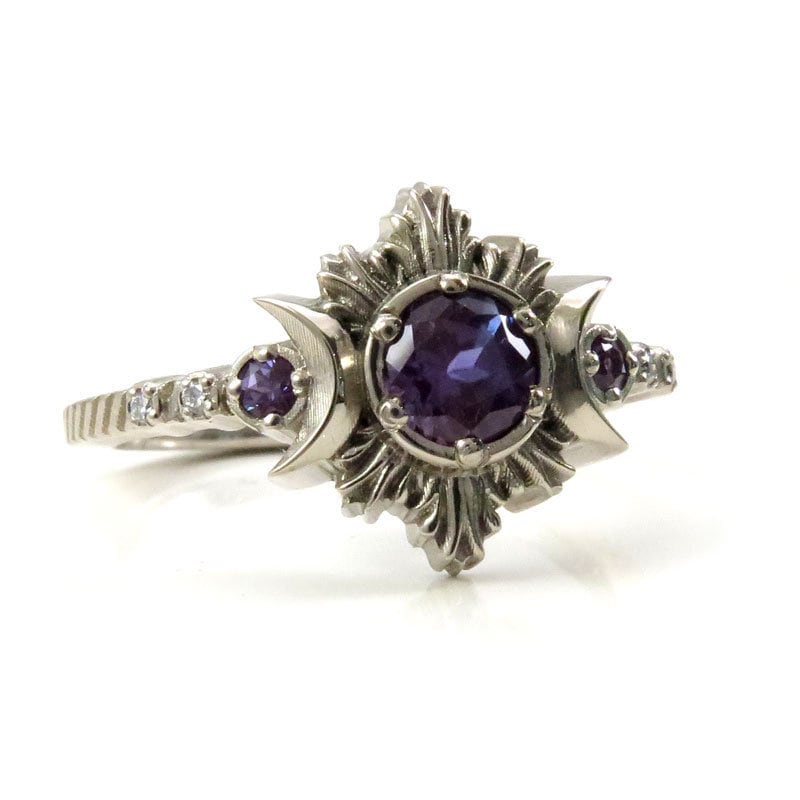 Ready to Ship - Chatham Alexandrite Moonfire Moon Phase Engagement Ring with Diamonds in 14k Palladium White Gold