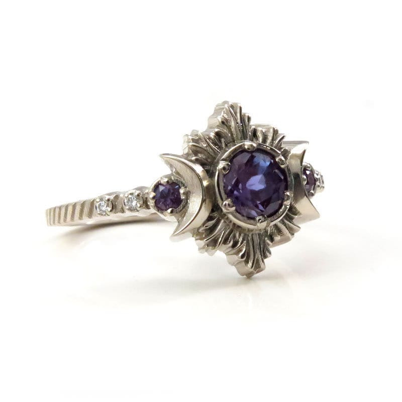 Ready to Ship - Chatham Alexandrite Moonfire Moon Phase Engagement Ring with Diamonds in 14k Palladium White Gold