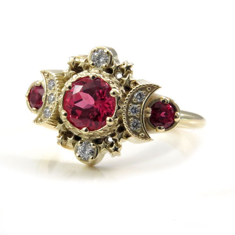 Ready to Ship Size 4-6 Chatham Padparadscha Sapphire Cosmos Engagement Ring - 14k Yellow Gold and Diamonds
