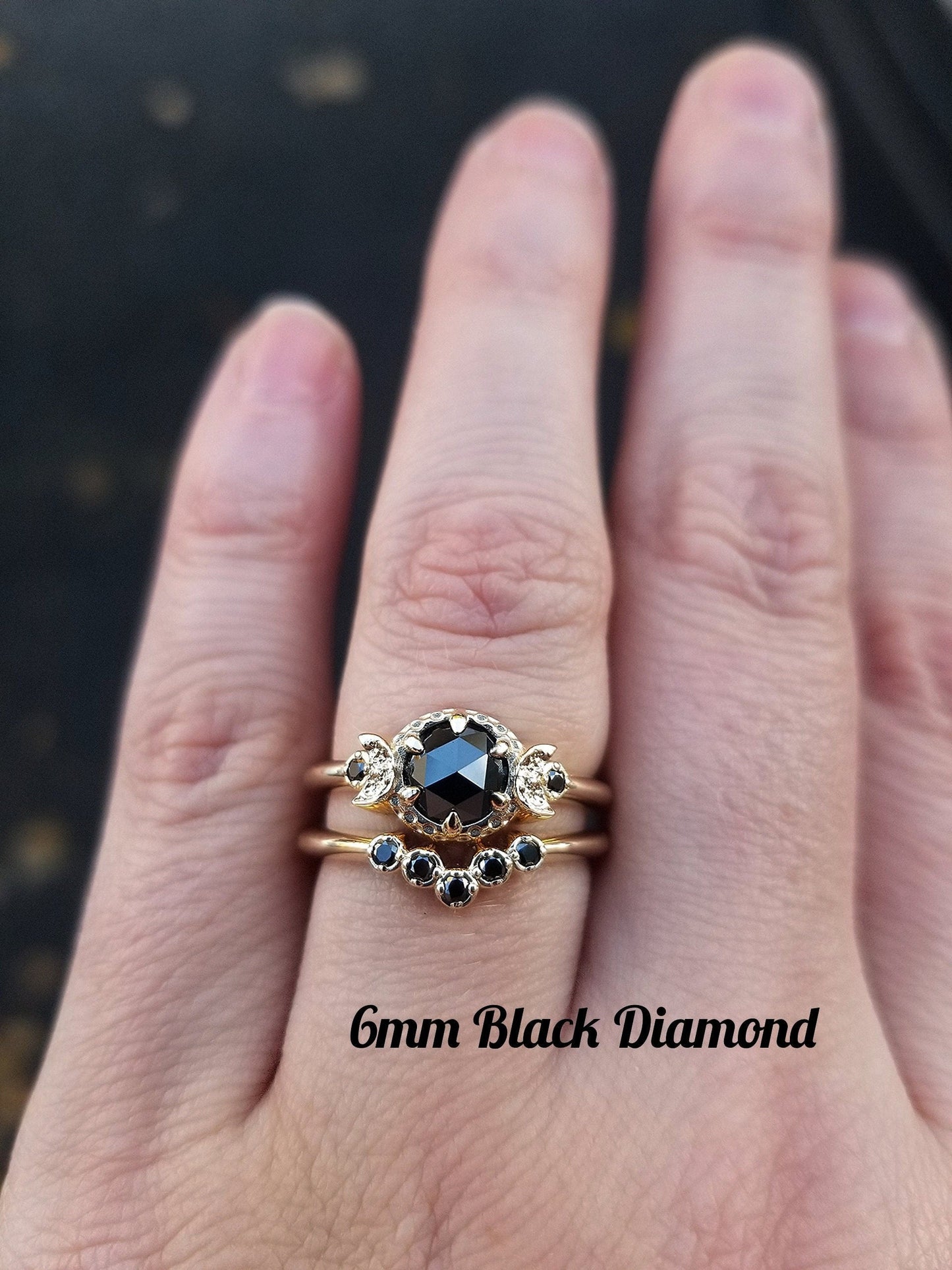 Triple Moon Wedding Ring Set *Setting Only* for Build your own Ring, Gothic Crescent Moon Engagement Ring with Diamond Chevron Wedding Band