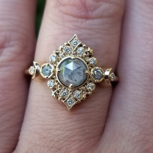Galaxie Engagement Ring *Setting Only* for Build your own Ring, Lunar Moon and Stars Vintage Style Ring with Diamonds