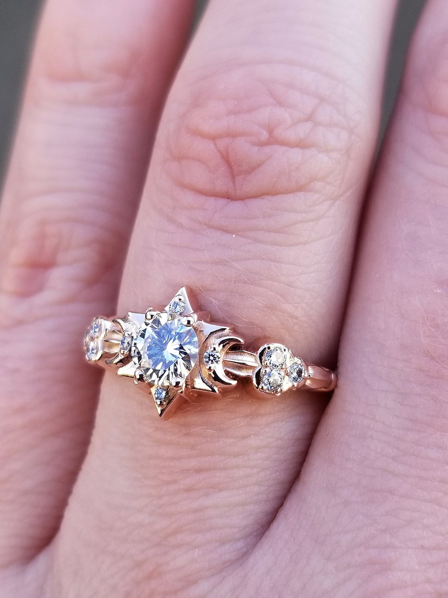 Celestial Engagement Ring *Setting Only* for Build your own Ring, Moon Stars and Clouds Delicate 4 Prong Wedding Ring Custom Jewelry