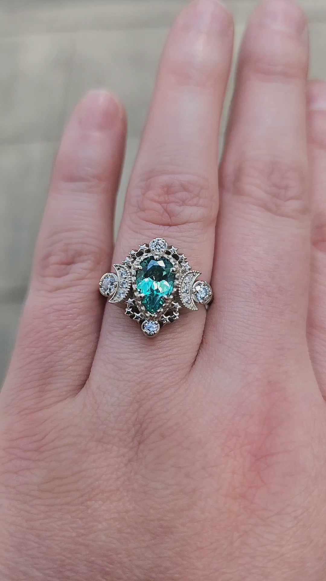Pear Cosmos Moon Ring with Chatham Alexandrite and Diamonds - Star