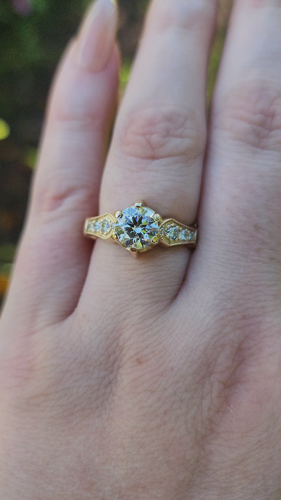 Load and play video in Gallery viewer, Hidden Rose Window Lab Diamond Engagement Ring - Millgrain Graduated Diamond Band Castle Inspired Wedding Fine Jewelry video
