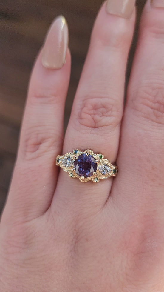 Load and play video in Gallery viewer, Nightshade Setting with alexandrite lab diamond marquise and forest green diamonds fantasy fairytale ring video 1
