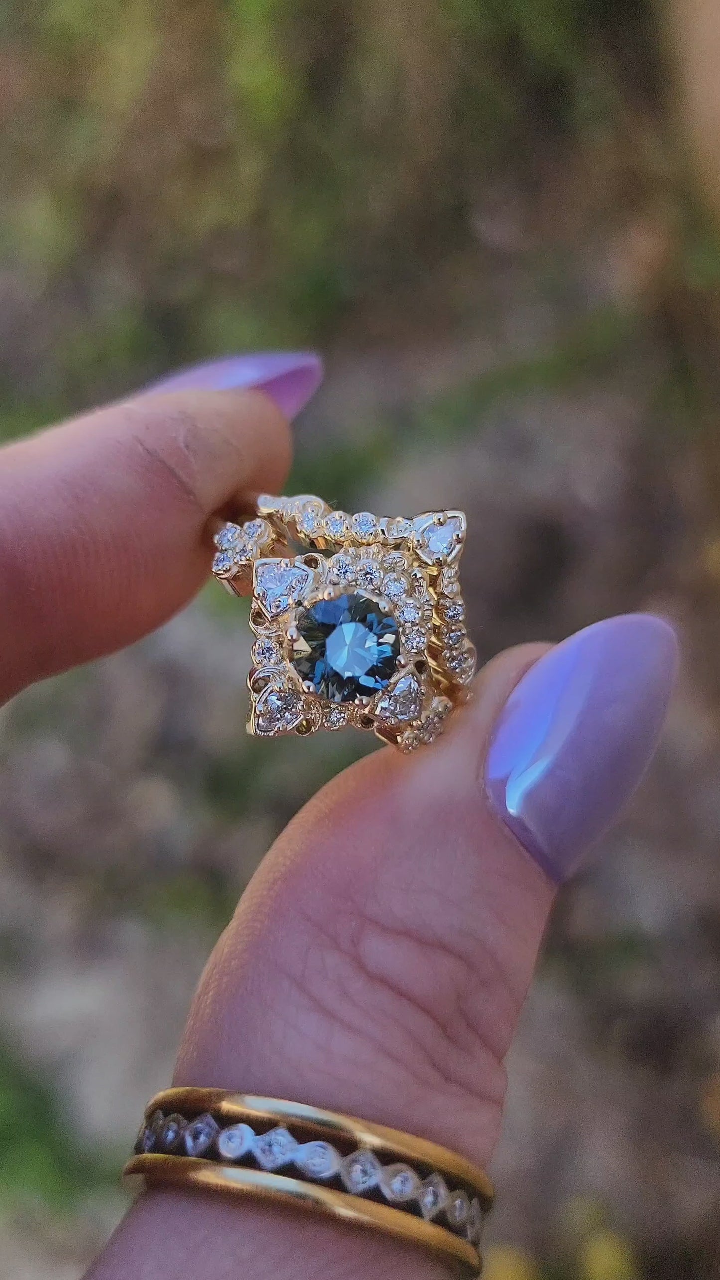 Load and play video in Gallery viewer, Ready to Ship Size 6 - 8 - Teal Sapphire Katarina Gold Scroll Engagement Ring Set with Trillions - 14k Yellow Gold
