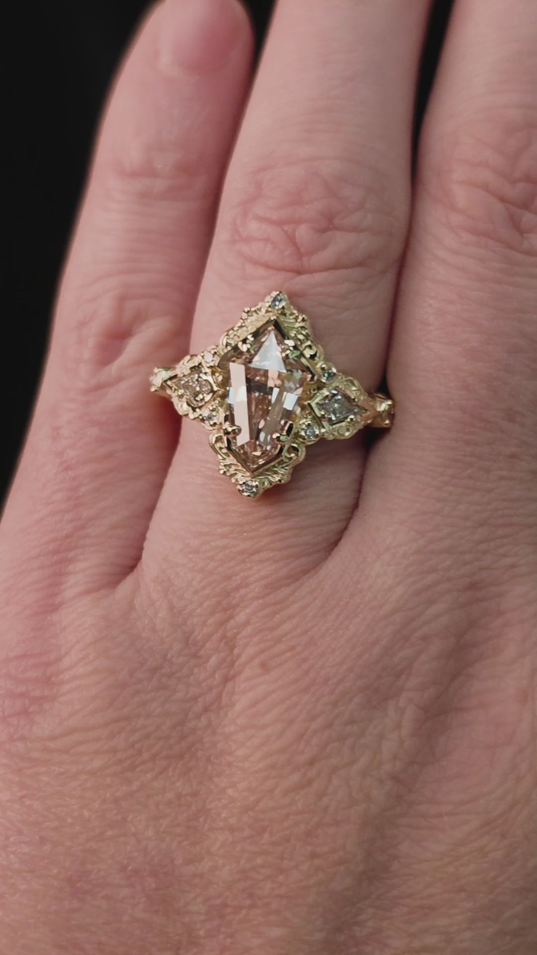 Load and play video in Gallery viewer, Ready to Ship Size 6-8 - Pink Shield Diamond Odessa Art Deco Engagement Ring 14k Yellow Gold
