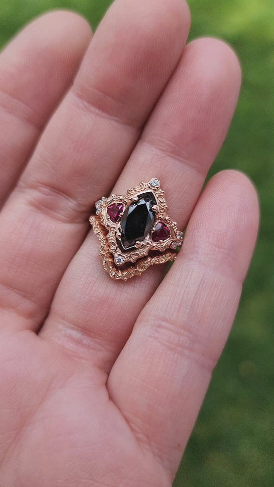 Load and play video in Gallery viewer, Marquise Black Diamond &amp;amp; Ruby Delilah Delicate Engagement Ring Set in 14k Rose Gold video 2
