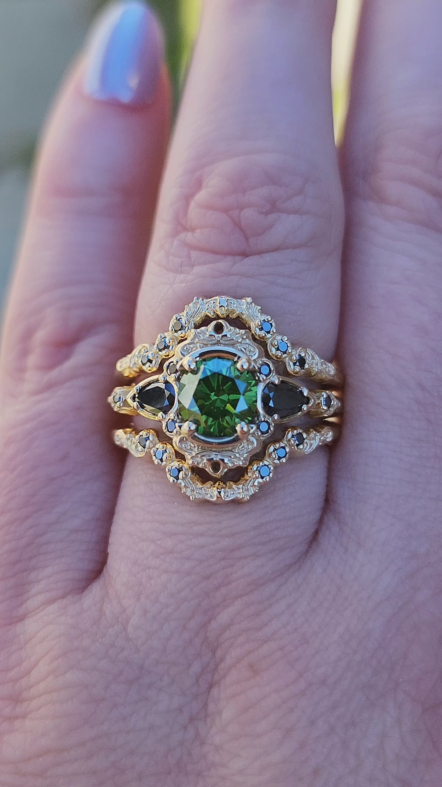 Load and play video in Gallery viewer, Ready to Ship Size 6-8 1.09ct Green Diamond Odette Gothic Victorian Engagement Ring Set - 14k Yellow Gold

