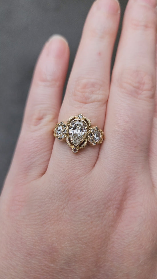 Load and play video in Gallery viewer, Ready to Ship Size 6-8 Goodnight Moon Ring with Rose Cut Diamonds and Fancy Gold Scrollwork - Fantasy Filigree 14k Gold Handmade Ring with Moissanite or Lab Diamond Pear Center Stone
