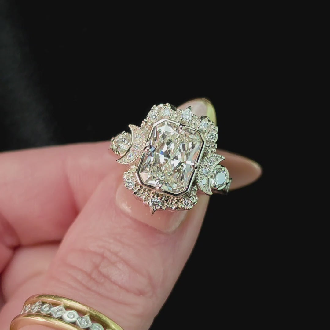 Load and play video in Gallery viewer, Ready to Ship Size 6 - 8 - 3.03ct Radiant Diamond Selene Moon Goddess Ring 14k Palladium White Gold
