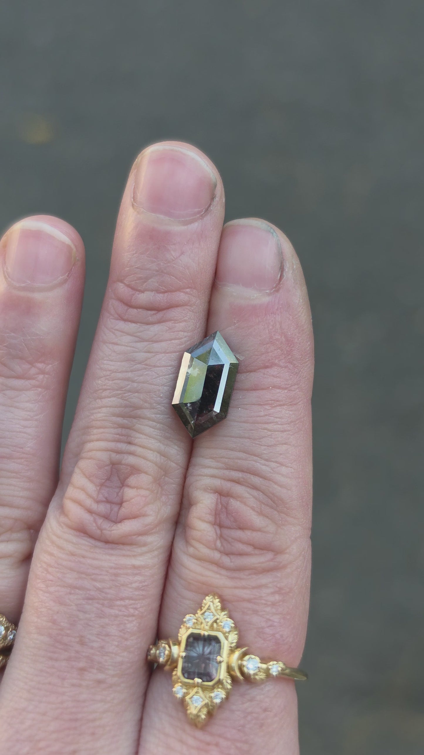 Load and play video in Gallery viewer, 3.38ct Salt and Pepper Lab Diamond Rose Cut Elongated Hexagon or Duchess Cut

