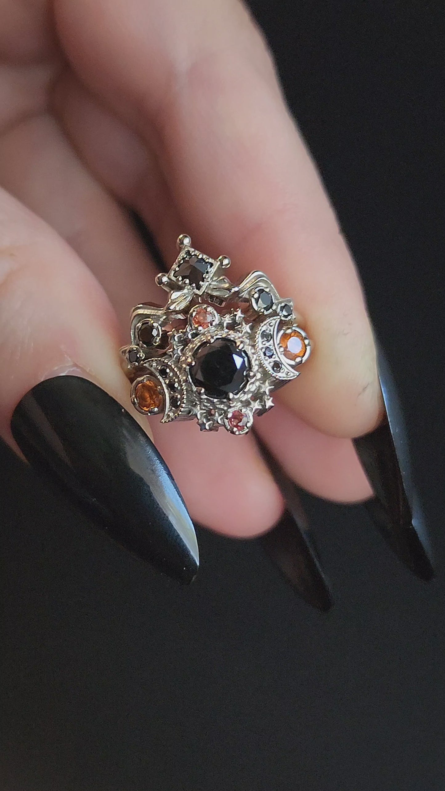 Load and play video in Gallery viewer, Black Diamond Cosmos Engagement Ring Set with Orange Sapphires &amp;amp; Snake Witch Wedding Band Gothic Fine Jewelry Pumpkin Queen
