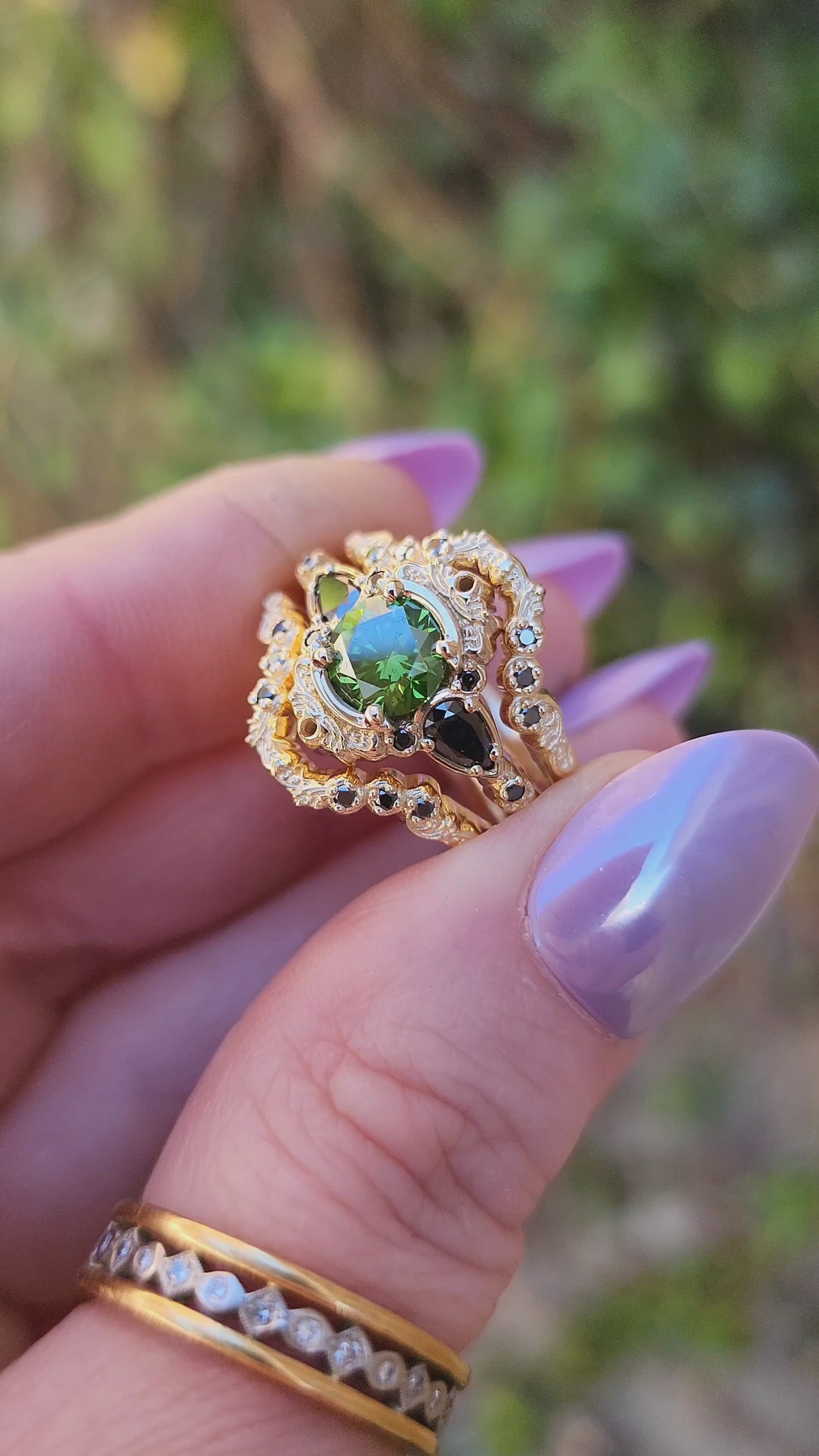 Load and play video in Gallery viewer, 1 carat green diamond Victorian gothic engagement ring set with black diamonds 14k yellow gold video
