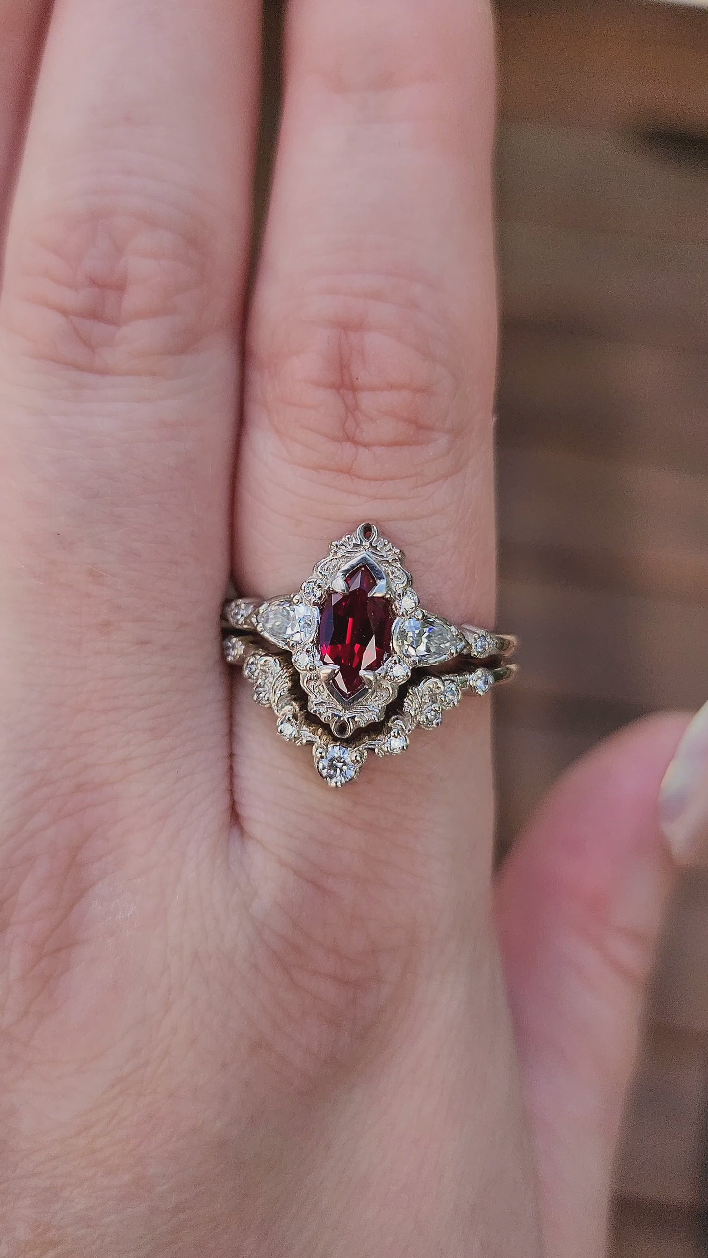 Load and play video in Gallery viewer, Chatham Ruby Odette Marquise Engagement Ring Set video
