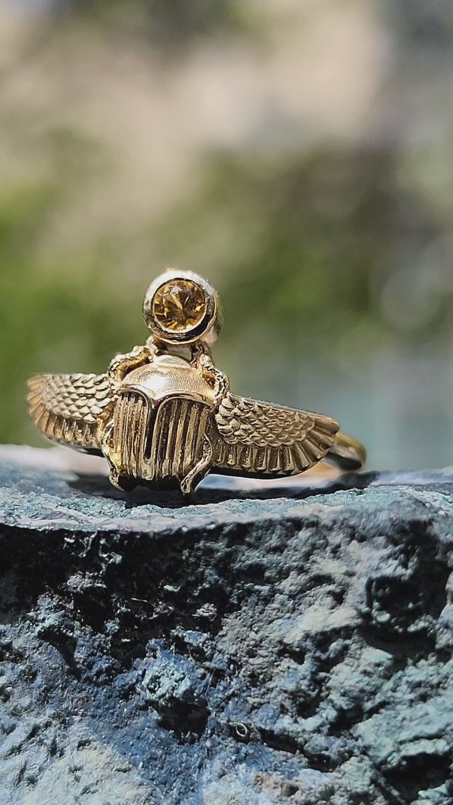 Load and play video in Gallery viewer, Yellow Sapphire Winged Beetle Ring - Sun Scarab - 14k Yellow Gold, 14k Rose Gold or 14k Palladium White Gold Egyptian Ring Fine Bug Jewelry
