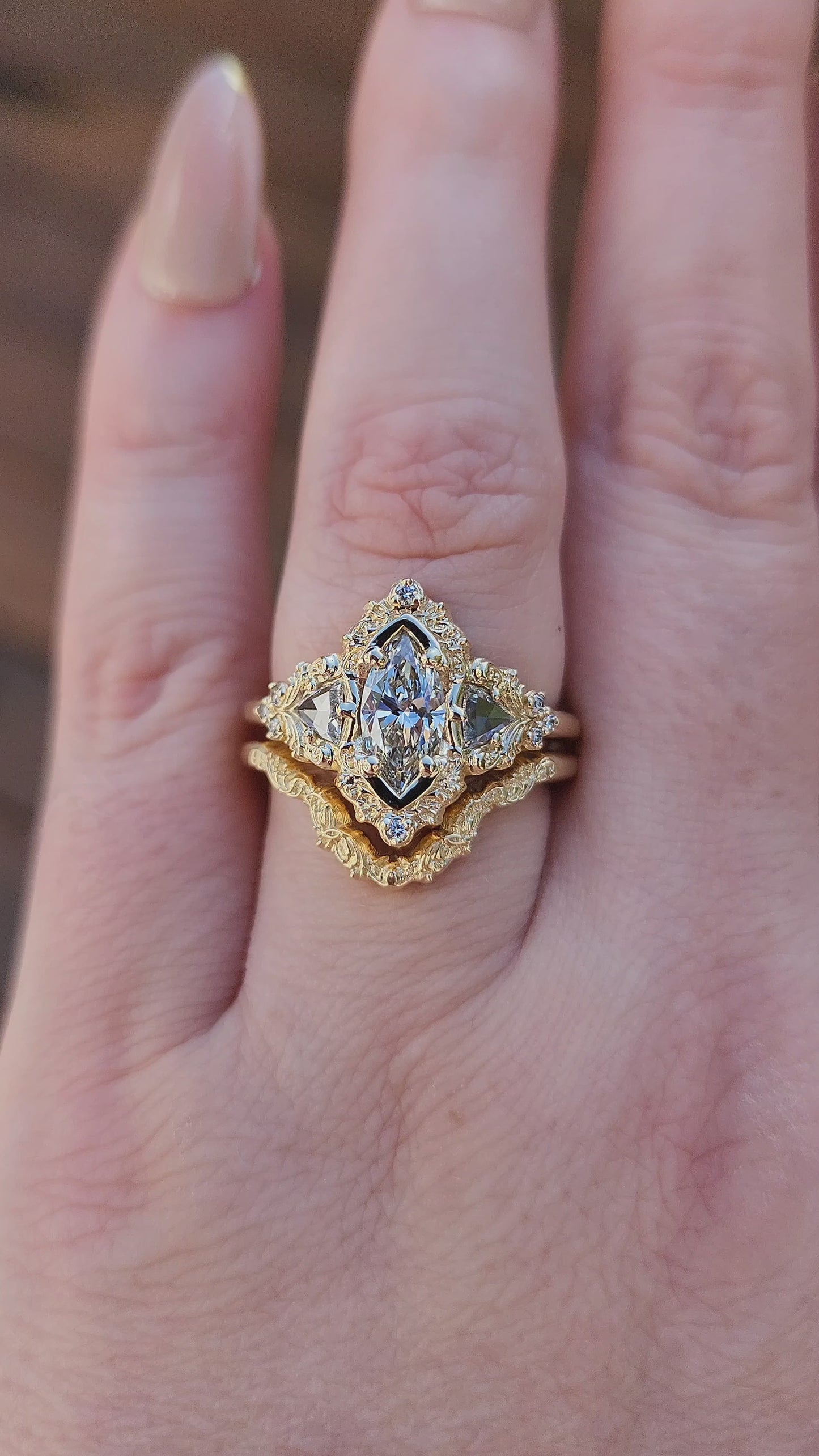 Load and play video in Gallery viewer,  .78ct Marquise Lab Diamond Delilah Engagement Ring Set with Rose Cut Diamond Trillions - 14k Yellow Gold video
