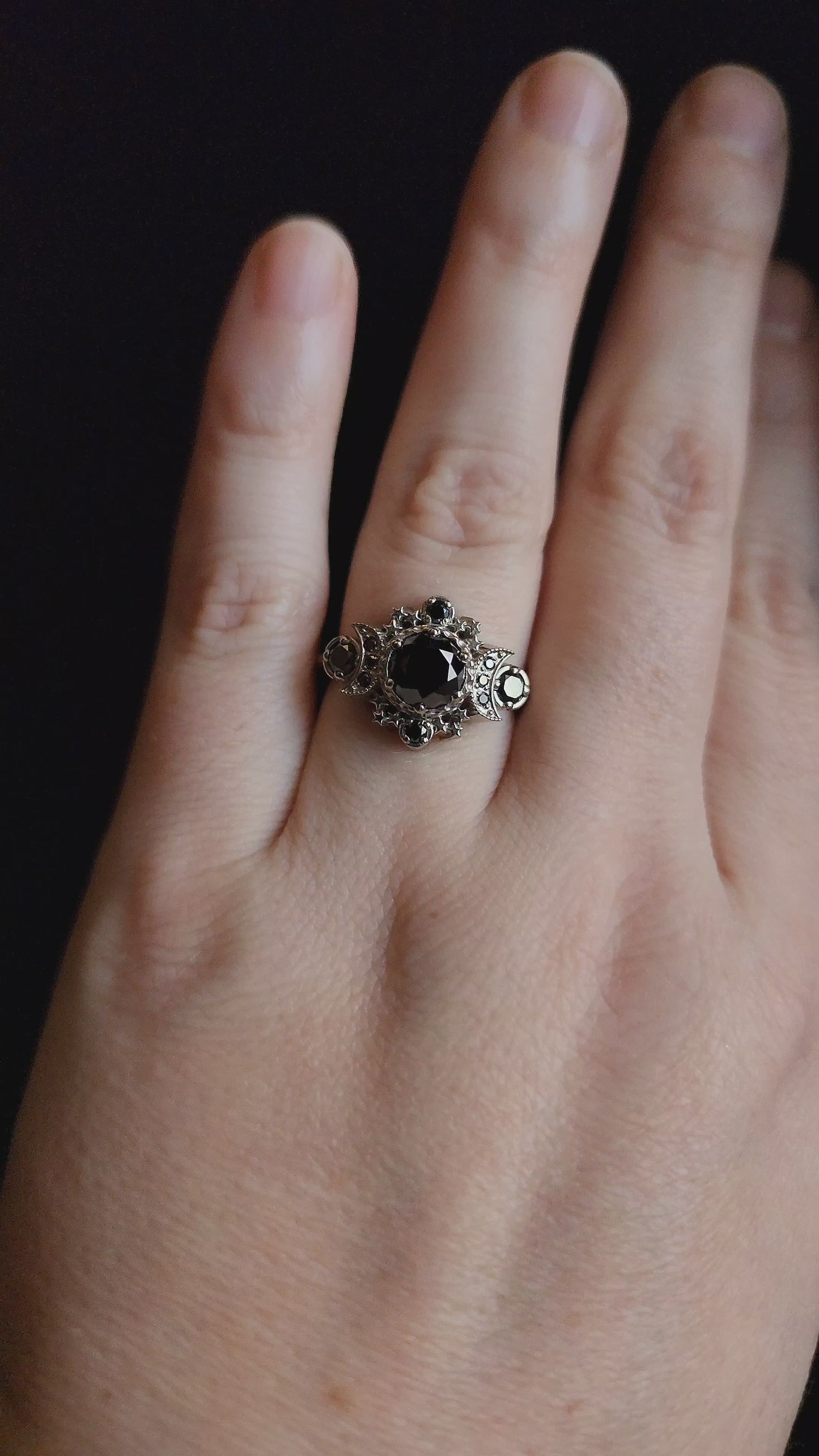 Load and play video in Gallery viewer, Black Diamond Gothic Moon Engagement Ring Cosmos Triple Moon 3 Stone Ring with Stars Dark Wedding Jewelry
