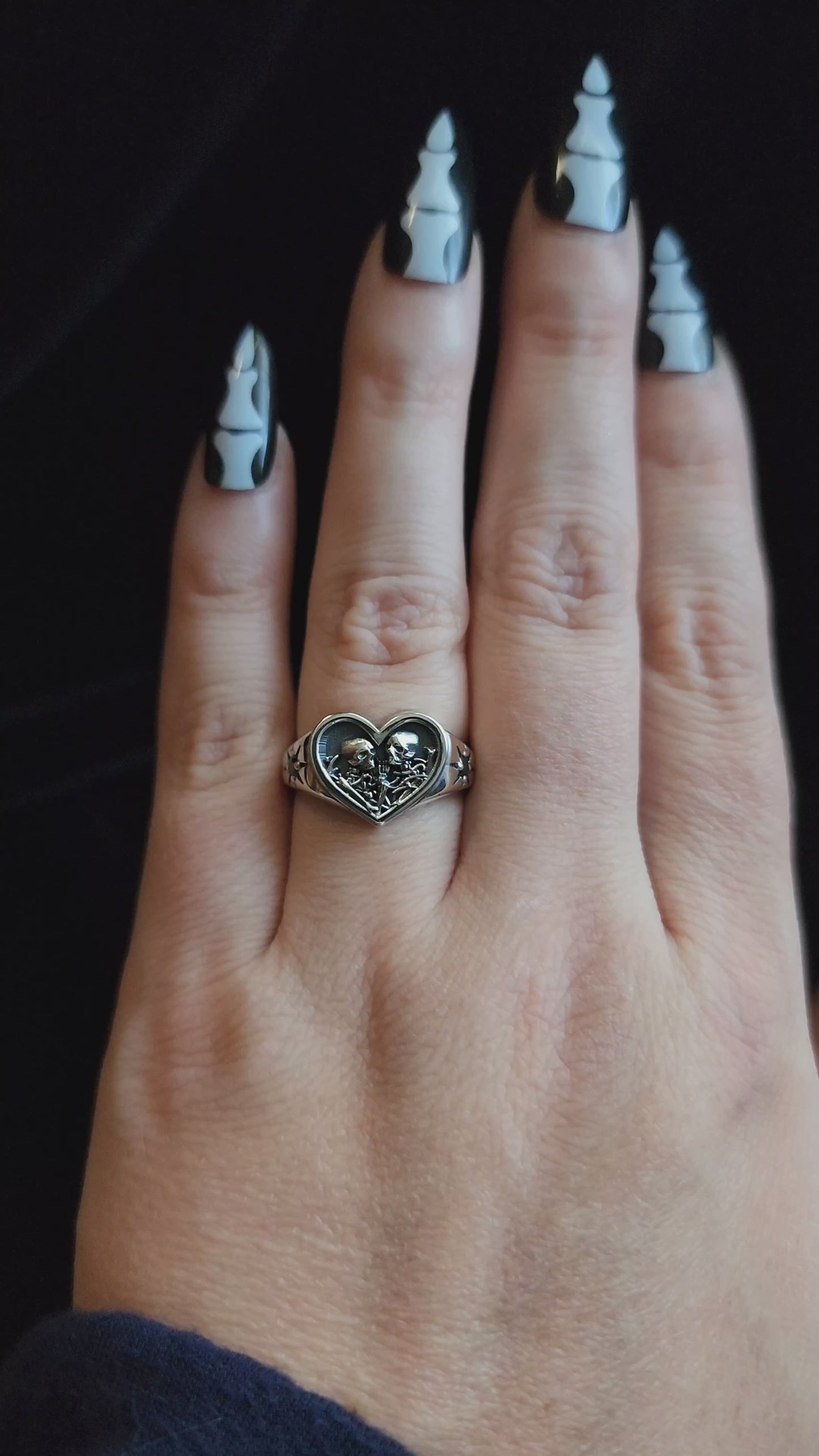 Load and play video in Gallery viewer, The Lovers Signet Ring Heart Shaped Skeleton Embrace - Romantic Promise Ring Sterling Silver with Black Diamonds Memento Mori
