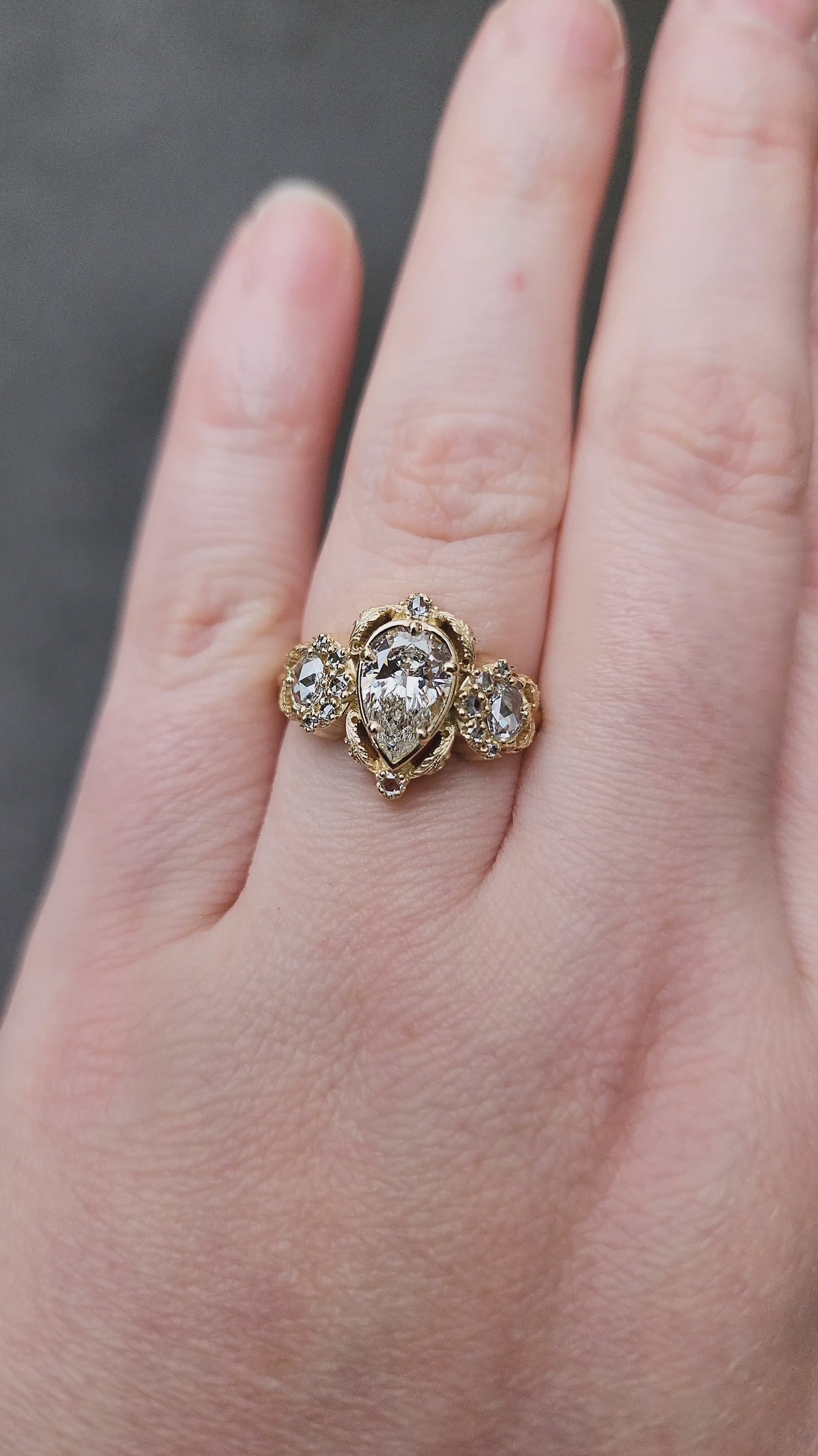 Load and play video in Gallery viewer, Goodnight Moon Ring with Rose Cut Diamonds and Fancy Gold Scrollwork - Fantasy Filigree 14k Gold Handmade Ring with Moissanite or Lab Diamond Pear Center Stone
