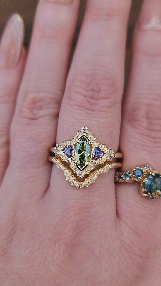 Load and play video in Gallery viewer, .55ct Green Diamond Marquise and Alexandrite Delilah Engagement Ring with Wedding Band - 14k Yellow Gold video
