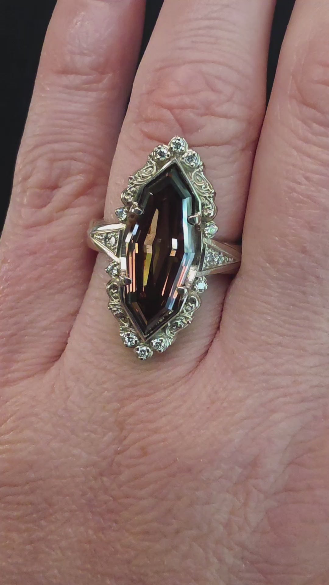 Load and play video in Gallery viewer, Ready to Ship Size 6-8 Art Deco Champagne Step Cut Marquise Diamond Wide Band Ring
