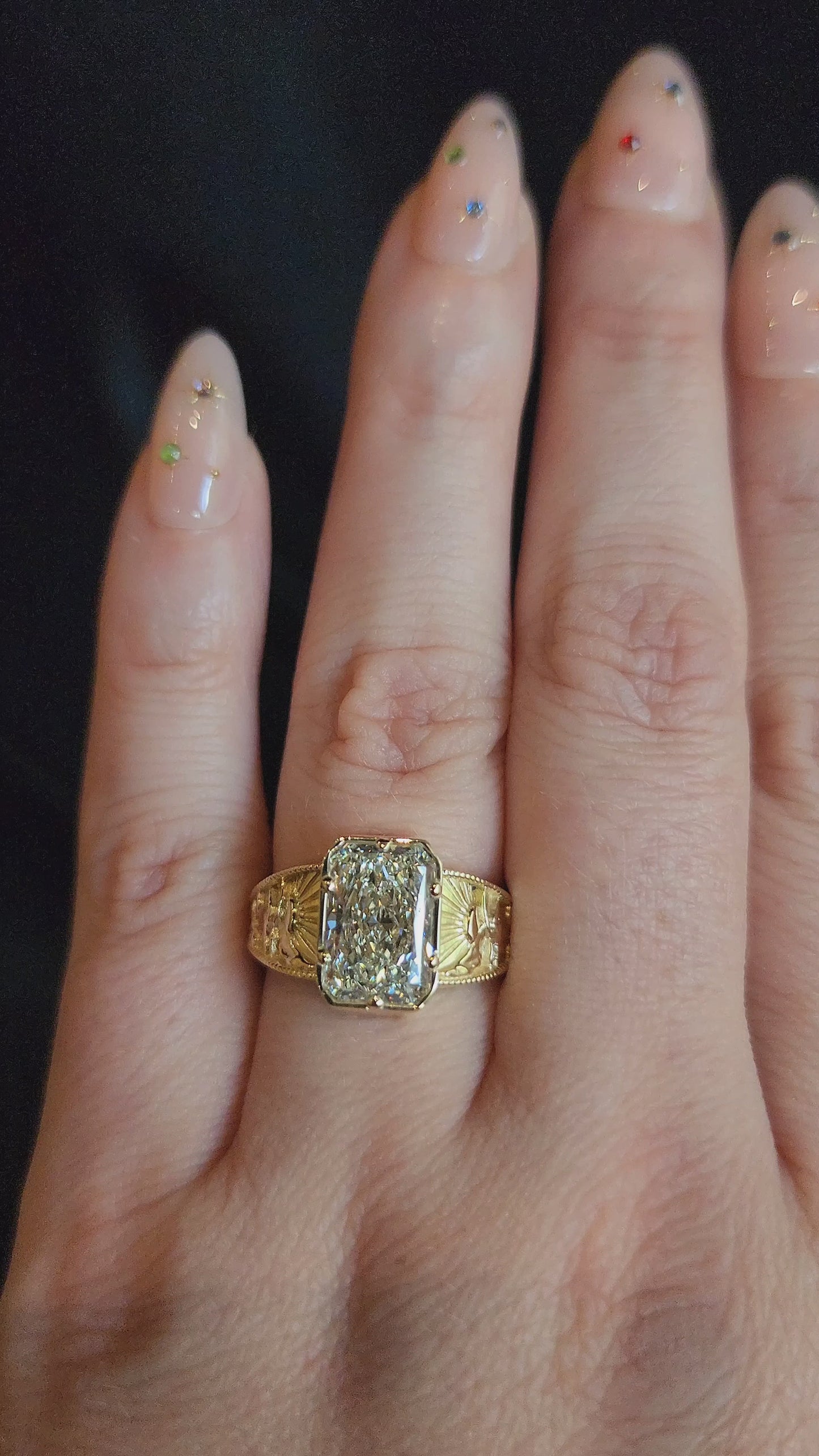 Load and play video in Gallery viewer, Forest Sprite - Nature Inspired Solitaire with Mountains, Trees and Sun - Fantasy Fine Jewelry 14k Gold video
