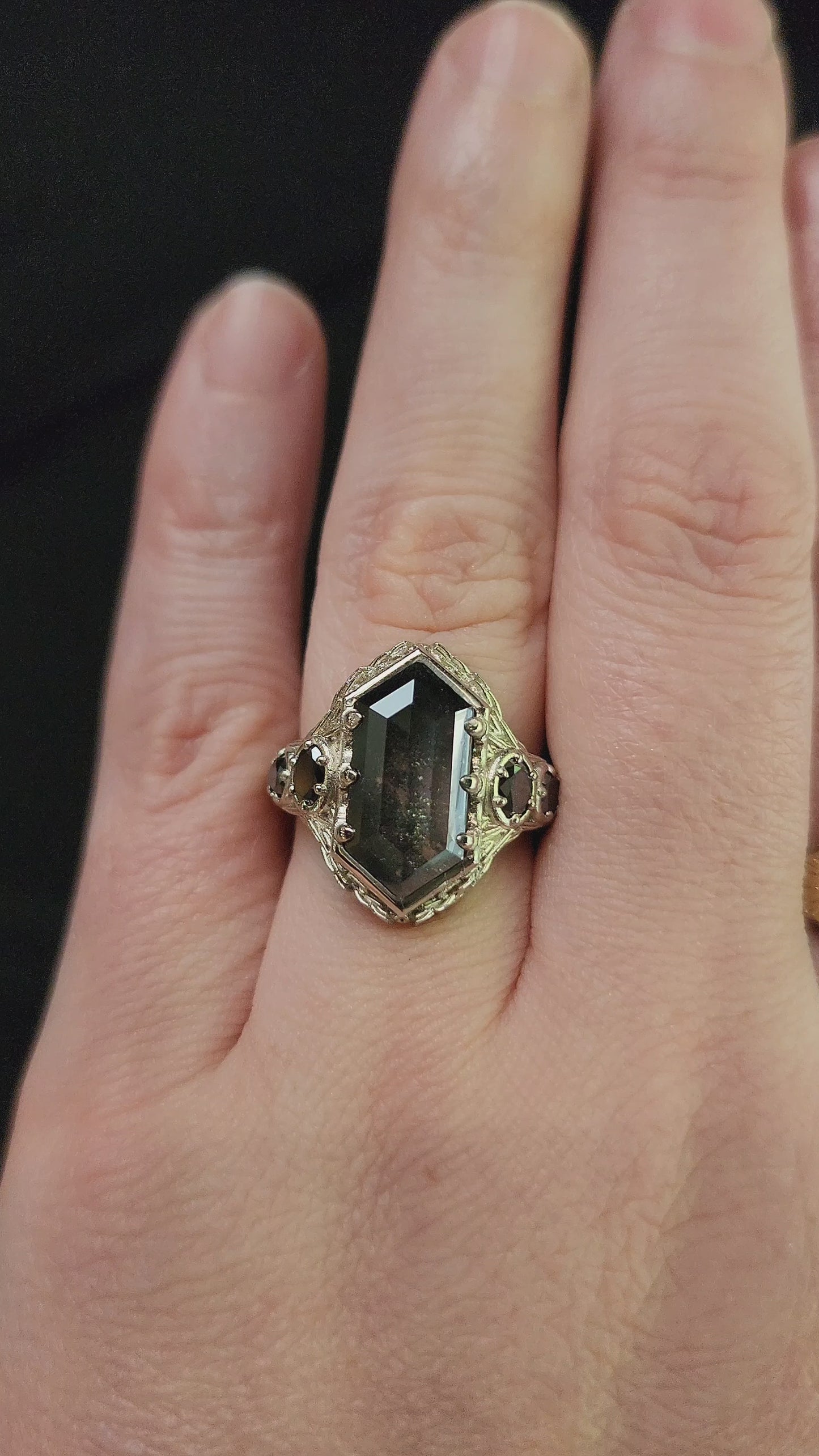 Load and play video in Gallery viewer, bramble setting with rose cut hexagon lab salt pepper diamond black diamond oval and pear gothic engagement ring video 2
