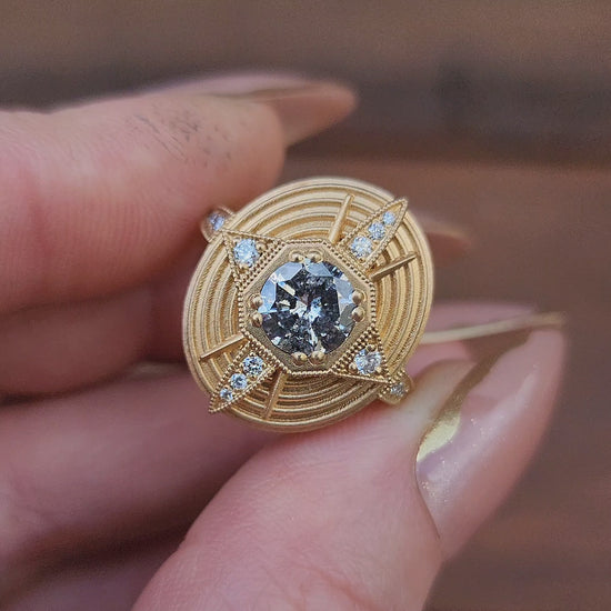 Load and play video in Gallery viewer, Art Deco Compass Ring with Salt &amp;amp; Pepper Diamond Center and White Diamonds - Sandblasted 14k Yellow Gold video 1

