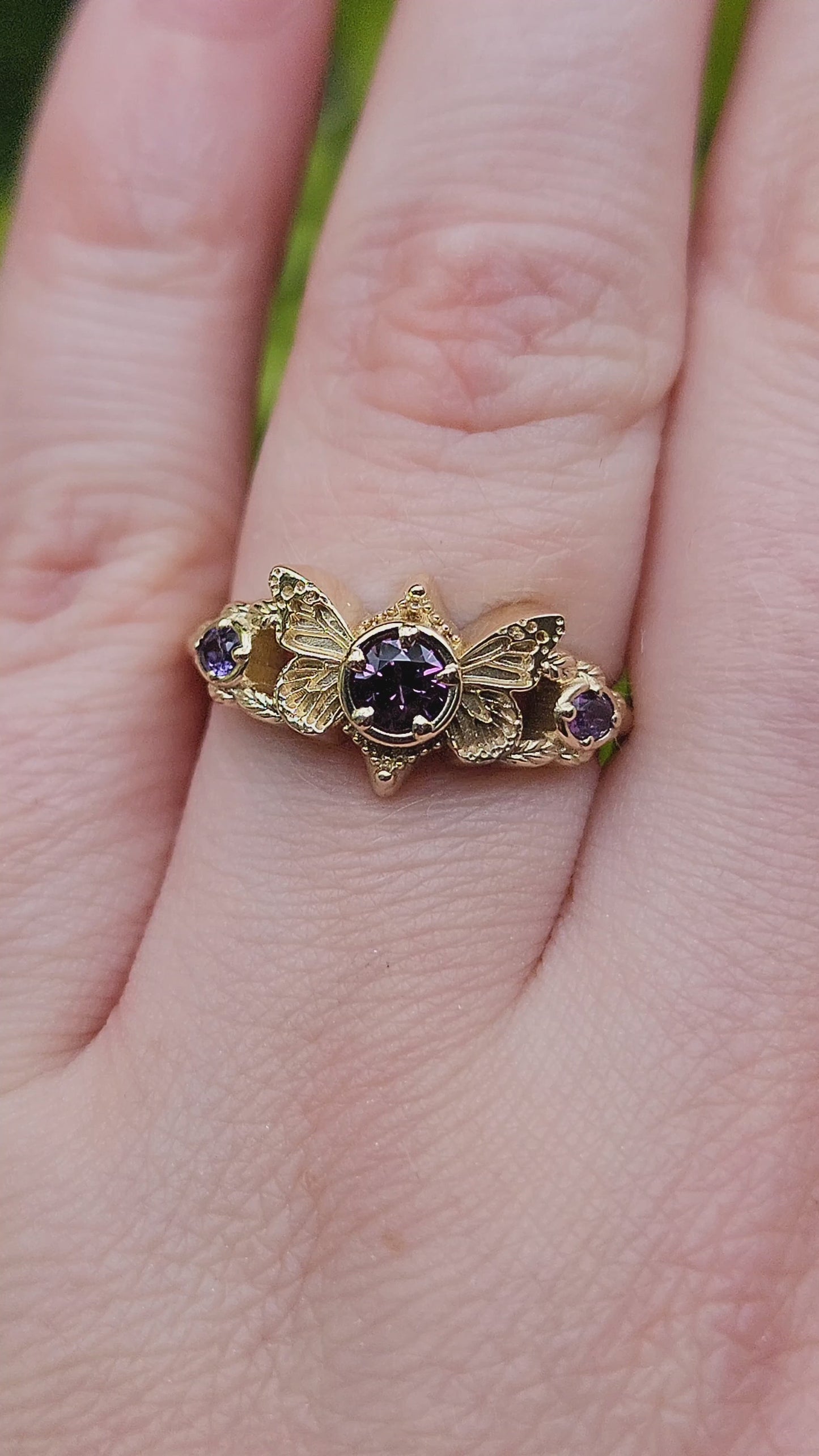 Load and play video in Gallery viewer, Purple Sapphire Butterfly Faerie 3 Stone Ring with Leaf Split Shank Fantasy Engagement Ring 14k Yellow Gold - Ready to Ship Size 6-8  One of a Kind
