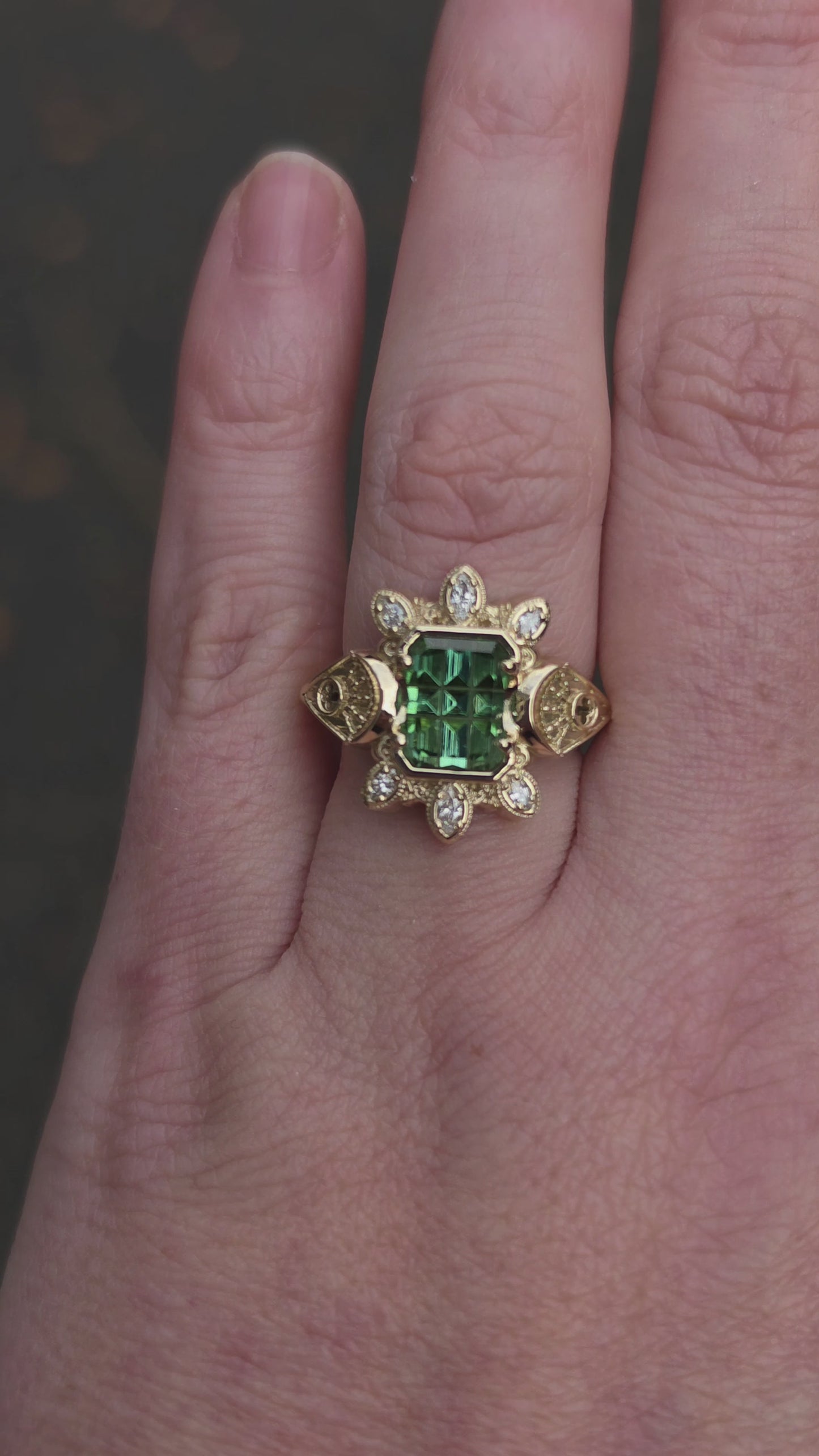 Load and play video in Gallery viewer, Ready to Ship Size 6-8 Moon Castle Ring with Stained Glass Cut Tourmaline and Marquise Diamonds
