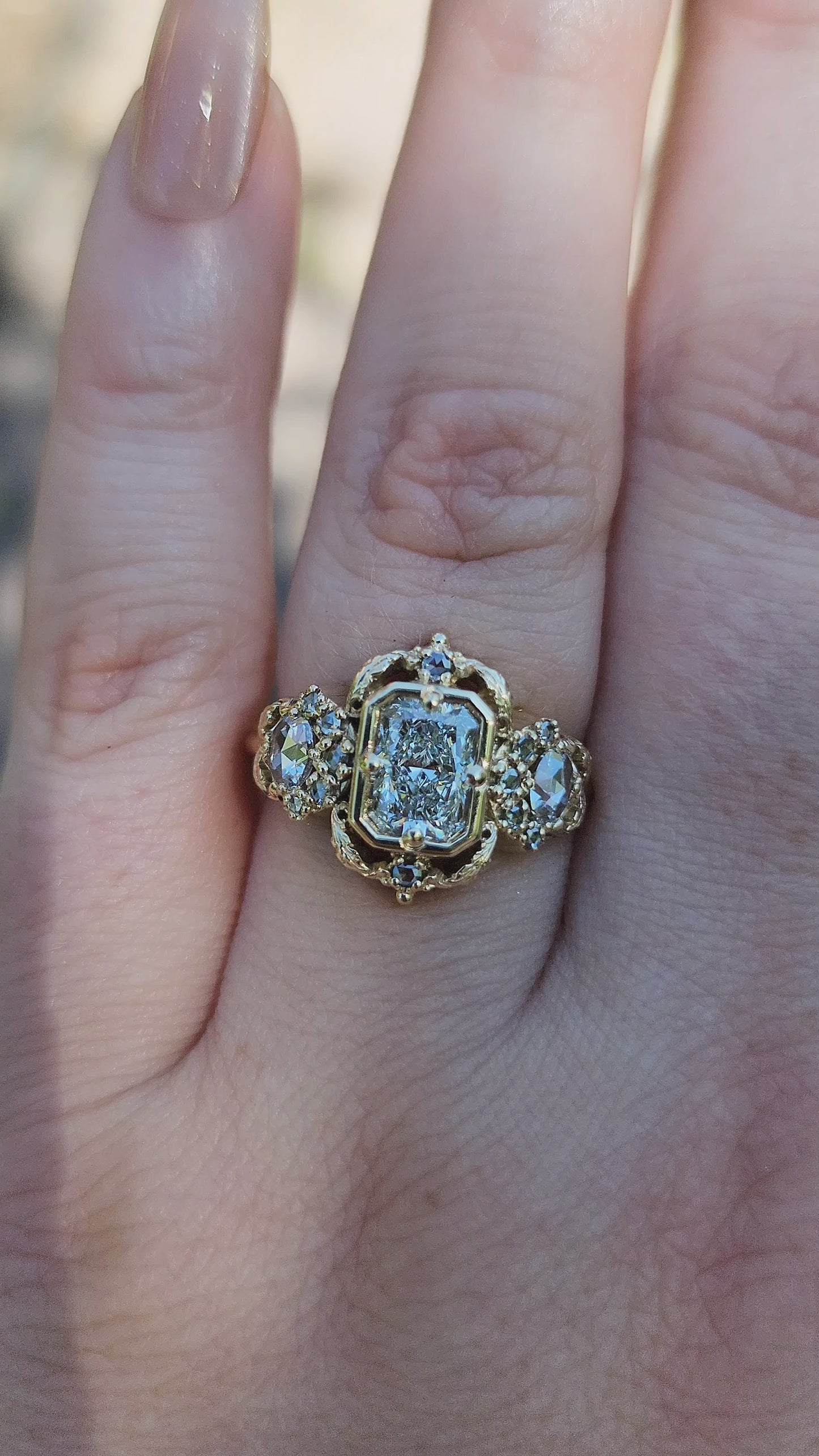 Load and play video in Gallery viewer, Radiant Diamond Goodnight Moon Ring with Rose Cut Diamonds and Fancy Gold Scrollwork video
