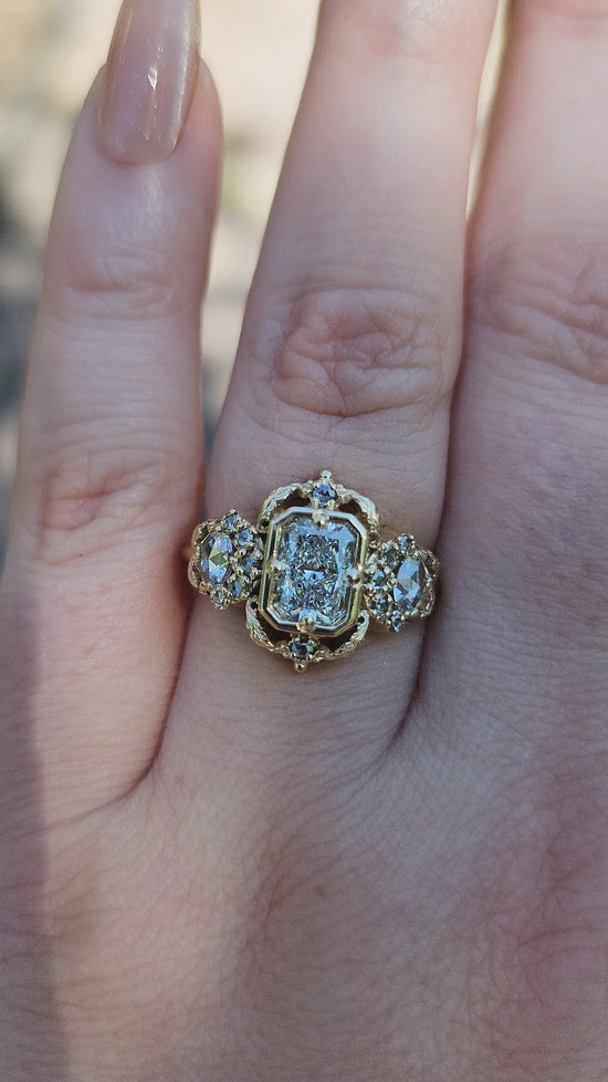 Load and play video in Gallery viewer, Radiant Diamond Goodnight Moon Ring with Rose Cut Diamonds and Fancy Gold Scrollwork video
