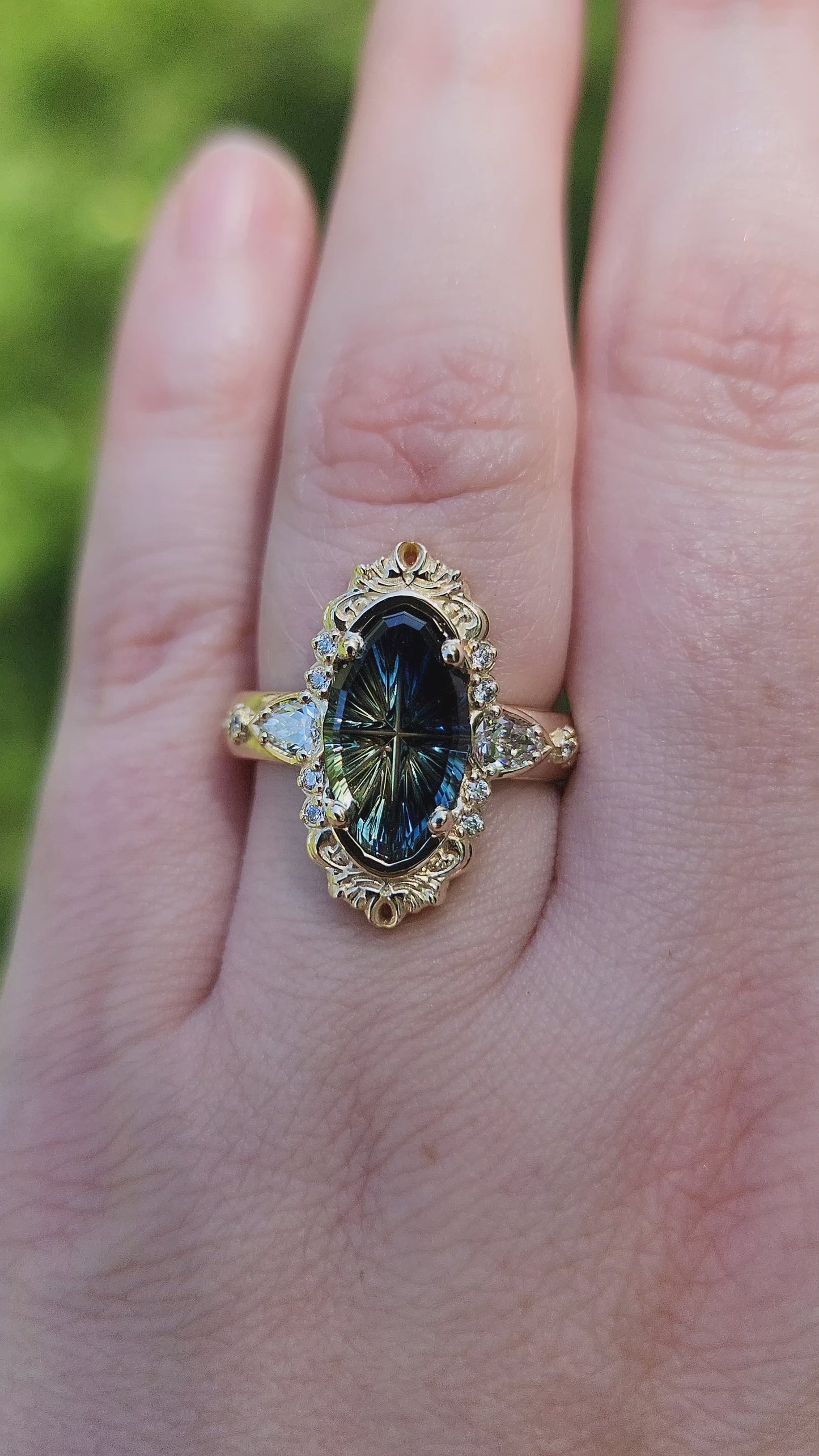 Load and play video in Gallery viewer, 3.12ct Natural Australian Parti Fantasy Moval Cut Sapphire Wide Band Odette 14k Yellow Gold video 2
